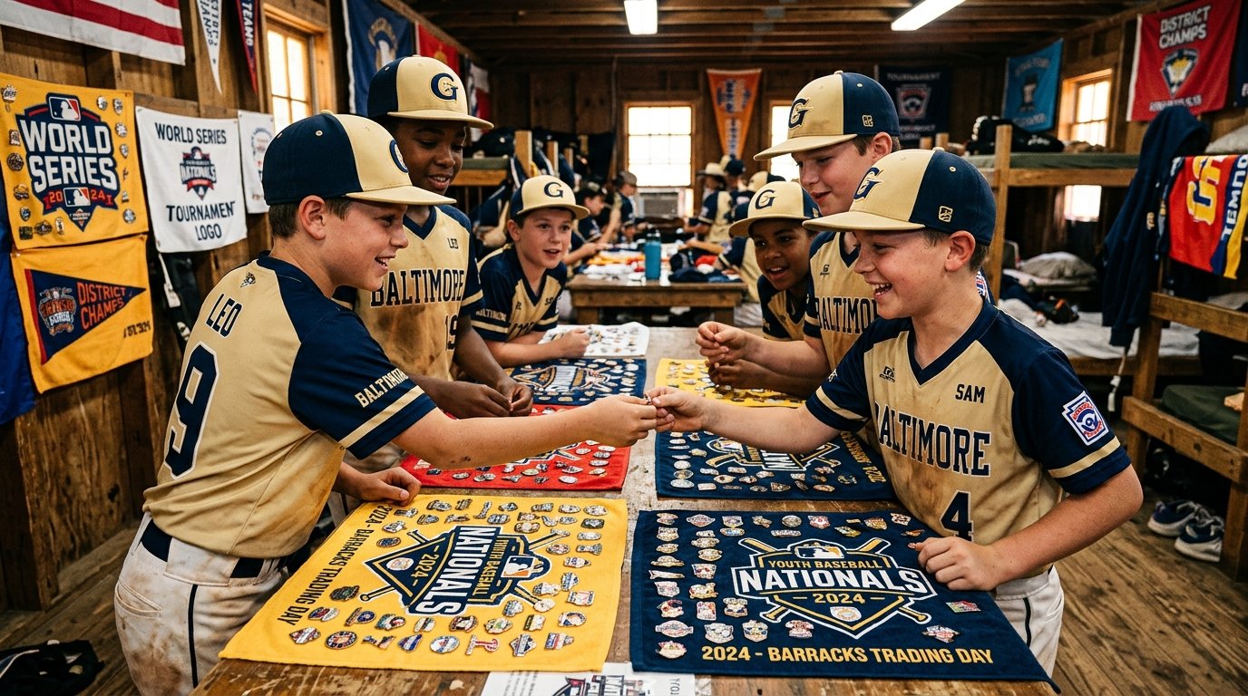 Youth baseball players trading gold and navy custom pins at All Star Village barracks