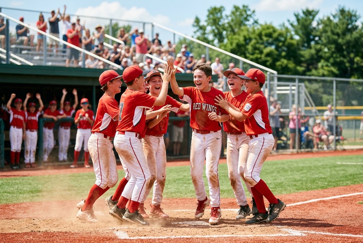 Youth baseball players celebrating a victory at Cooperstown
