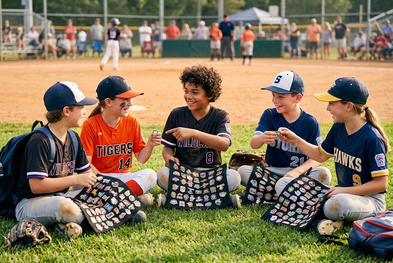 Youth baseball players trading custom pins at Cooperstown