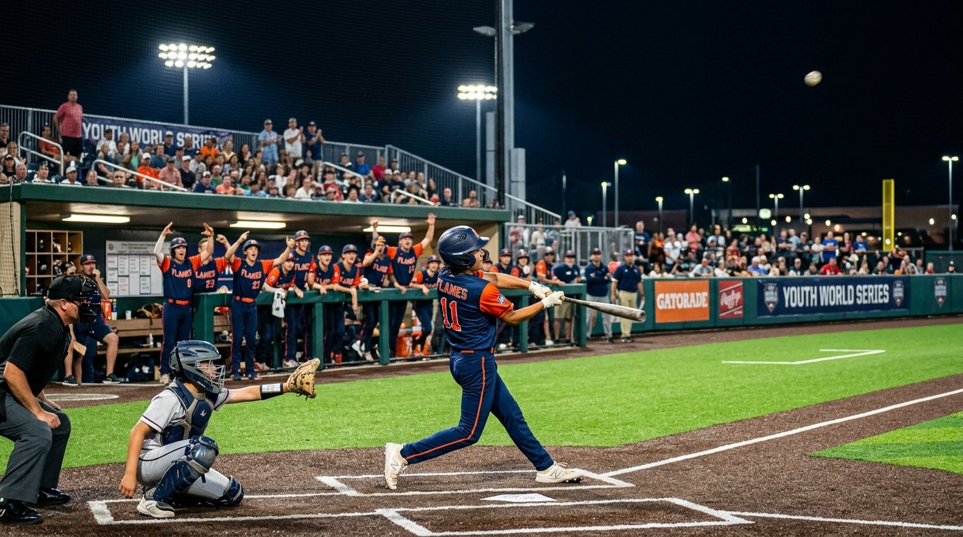 Youth baseball player hitting home run at night tournament