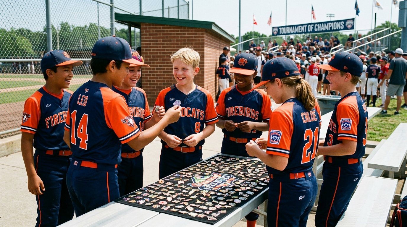 Youth baseball players trading custom pins at Ripken tournament